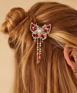 Original Chineese Imported Butterfly Design Red & White Stone Hair Clip