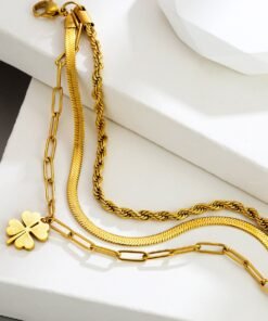 3 Chain with 1 flower Stainless Steel Gold Plated Chain Bracelet
