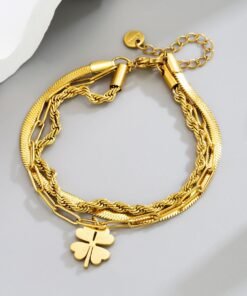 3 Chain with 1 flower Stainless Steel Gold Plated Chain Bracelet - Image 4