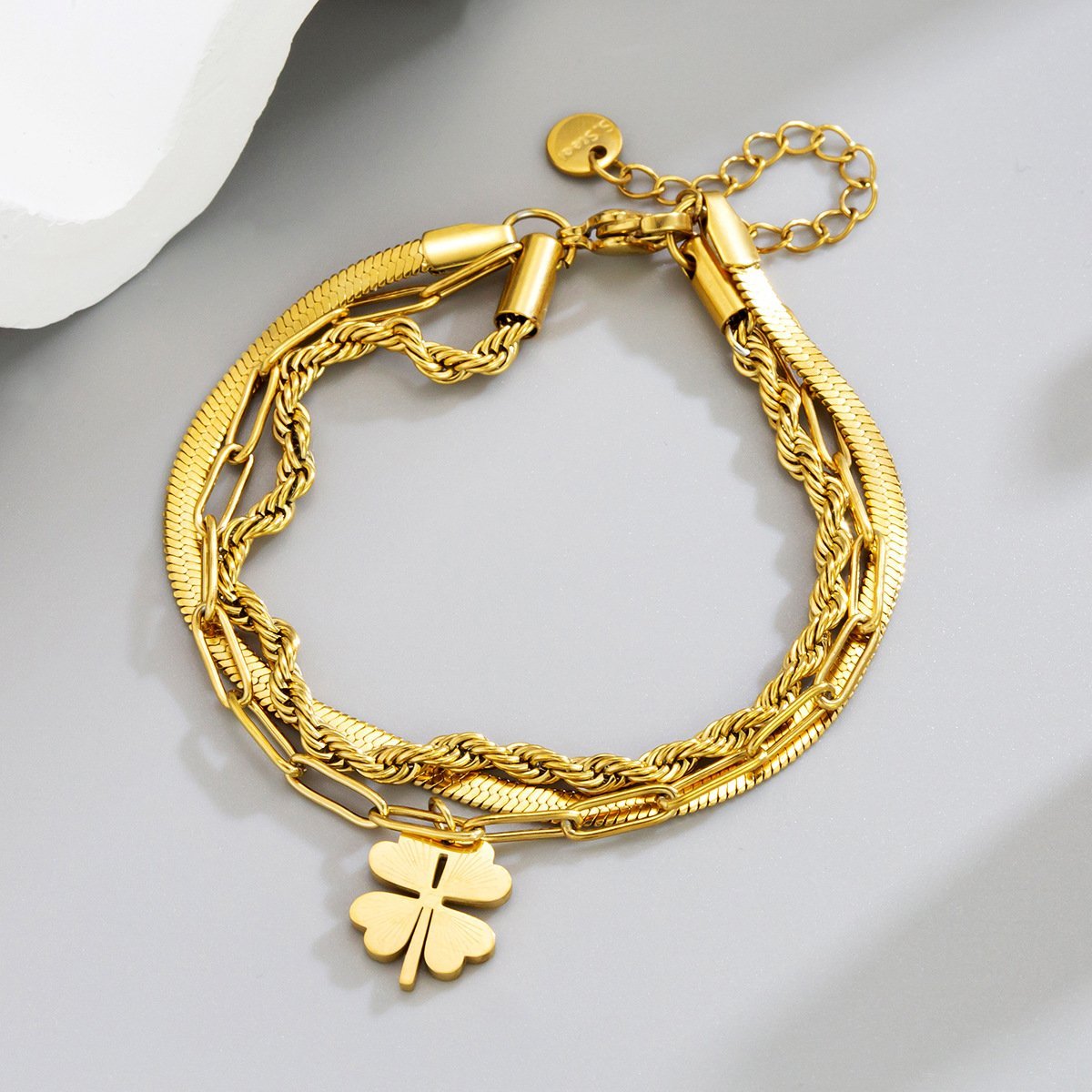 3 Chain with 1 flower Stainless Steel Gold Plated Chain Bracelet - Image 4