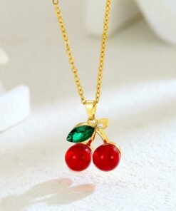 Pair of Red Cherry with Green Leaf Hanging Pendant 22Karet Gold Plated Chain Necklace