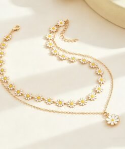Double Layer White Flower Hanging Pendant 22Karet Gold Plated Necklace