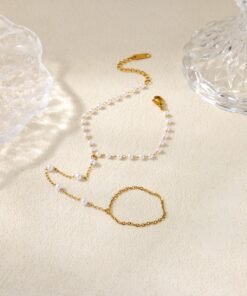 Alternative view of 22 karet Stainless Steel Gold Plated Pearl Bracelet Chain Attached Ring