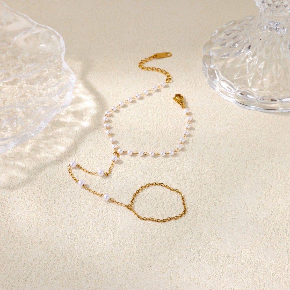 22 karet Stainless Steel Gold Plated Pearl Bracelet Chain Attached Ring - Image 2
