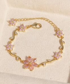 22 karet Gold Plated Diamond Cut Stainless Steel Flower pink zircon gold bracelet.