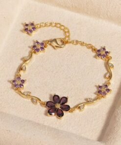 22 karet Gold Plated Diamond Cut Stainless Steel Flower purple zircon gold bracelet