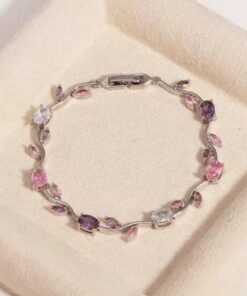 22 karet Gold Plated Diamond Cut Stainless Steel Pink and purple branch sliver tulip bracelet