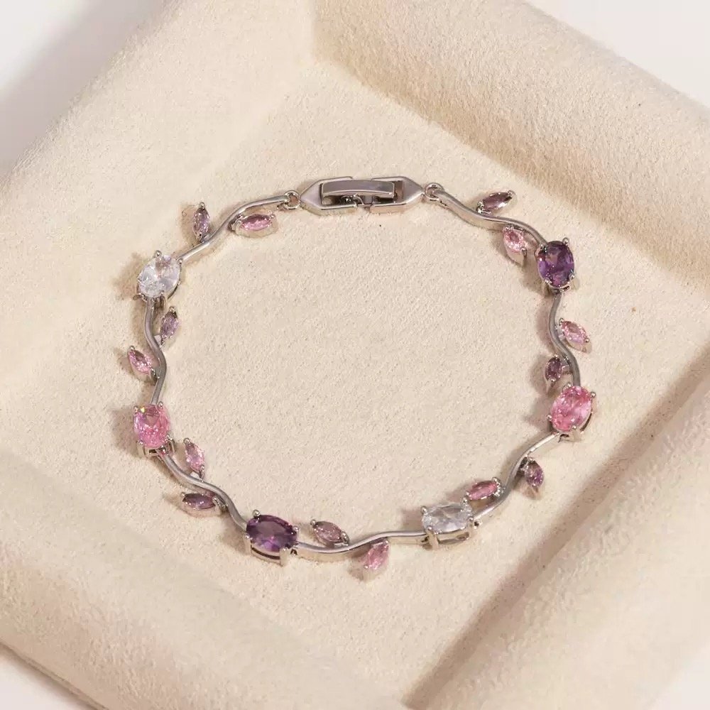 22 karet Gold Plated Diamond Cut Stainless Steel Pink and purple branch sliver tulip bracelet