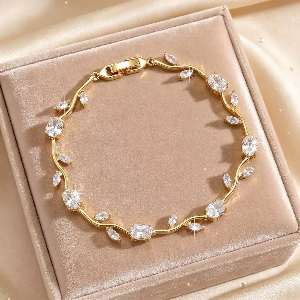 22 karet Gold Plated Diamond Cut Stainless Steel Transparent white diamond color trendy tulip bracelet