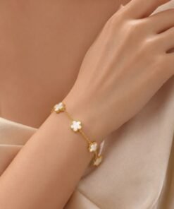 Alternative view of Roman 5 flower White Color Gold Plated Chain Bracelet