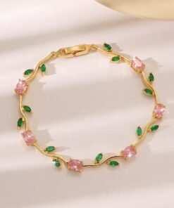 22 karet Gold Plated Diamond Cut Stainless Steel Pink+green trendy tulip bracelet