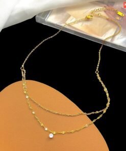 18K gold plated 1 Stone 2 Layer Gold Necklace NC195 - Image 3
