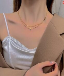 Alternative view of 18K gold plated 1 Stone 2 Layer Gold Necklace NC195