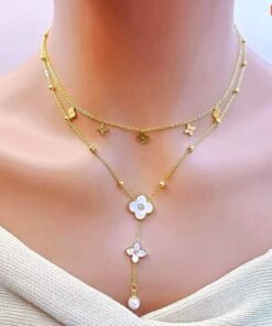 2 White flower and multi Golden flower 2 layer Necklace NC157