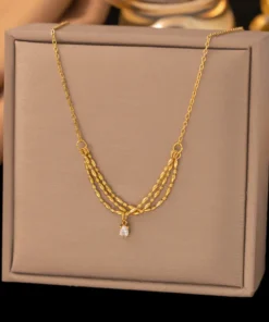 3 Layer Chain with White Zircon Stone pendant 22Karet Gold Plated Necklace