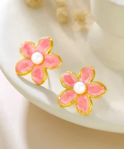 4 Leaf Blush Pink Flower Backpin Shining 22karet Gold Plated Earring - Image 4