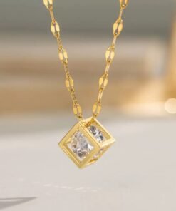 White Stone Inside Golden Square Box Hanging Pendant 22Karet Gold Plated Necklace - Image 3