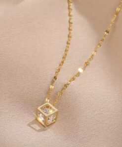 Alternative view of White Stone Inside Golden Square Box Hanging Pendant 22Karet Gold Plated Necklace