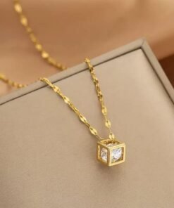 White Stone Inside Golden Square Box Hanging Pendant 22Karet Gold Plated Necklace