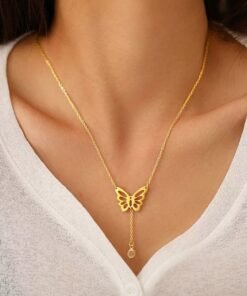 Alternative view of Special Butterfly Hanging Stone pendant 22Karet Gold Plated Necklace