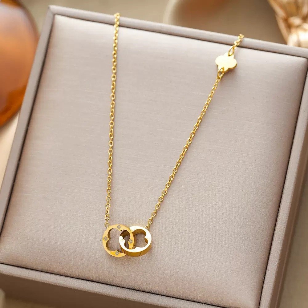 Round Interlock Hanging Pendant 22Karet Gold Plated Necklace - Image 2