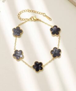 Alternative view of Roman 5 flower Black Color Gold Plated Chain Bracelet