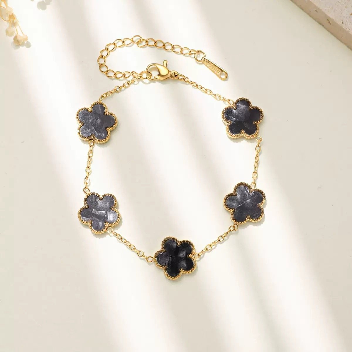 Roman 5 flower Black Color Gold Plated Chain Bracelet - Image 2